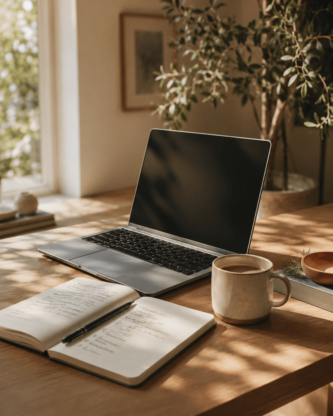 Arbeitsplatz mit Laptop und Notizbuch — Content-Erstellung bei Seova
